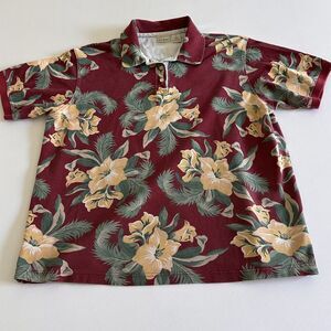 L.L. Bean Women’s XL Floral Hawaiian Polo Shirt Red Cotton Short Sleeve